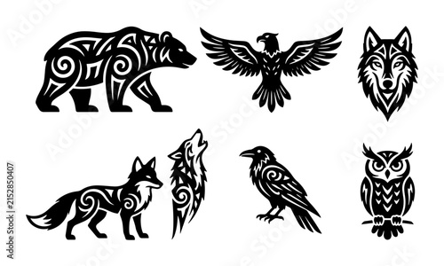 70 Tribal Animal Vector Icons: Bear, Wolf, Fox, Eagle, Owl, Raven Set, Black and White Native American Inspired Graphics for Tattoo and Design 100