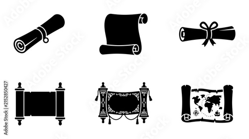 70 Scroll and Parchment Icons Set, Vintage Document Vector Graphics, Historical Map and Diploma Symbols, Black and White Manuscript Illustrations 100