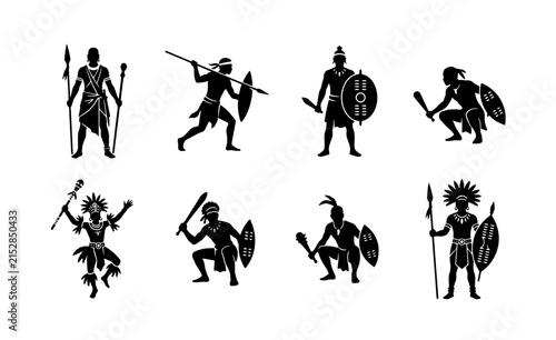 70 African Warrior Silhouettes, Tribal Combatants with Spears and Shields, Ancient Hunter Icons, Indigenous Fighter Vector Set, Traditional Warrior Poses, Historical Combat Art 100