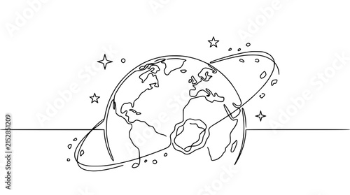 Fotografie Continuous line drawing of planet Earth with asteroid belt and stars, isolated