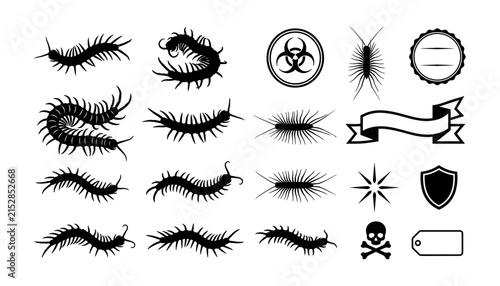 Minimalist centipede silhouette vector icon set featuring black solid multi-legged creepy bugs biohazard sign and blank ribbon labels