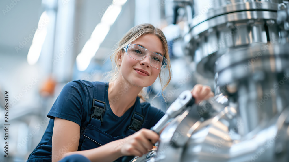 Fototapeta premium Female industrial maintenance technician adjusting stainless steel pipe in factory, smiling woman in safety glasses