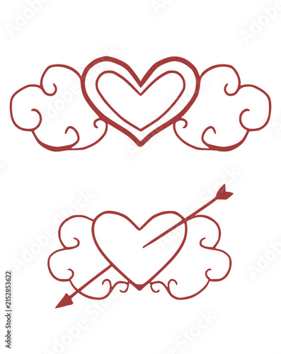 Hand Drawn Red Heart Ornaments with Scroll Flourish and Cupid Arrow