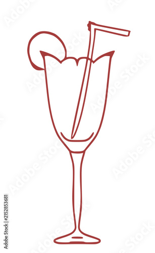 Hand Drawn Cocktail Glass with Straw and Lemon Slice Line Art