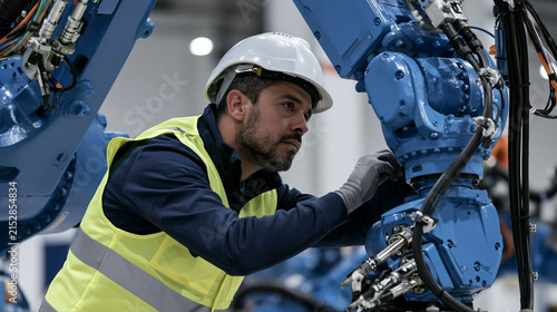 Industrial Precision: A focused engineer in a hard hat and safety vest meticulously inspects a large robotic arm, highlighting the intricate workings of modern manufacturing and automation.