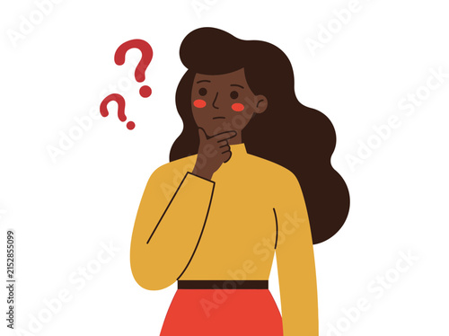 Thinking Black Woman with Question Marks Vector Illustration