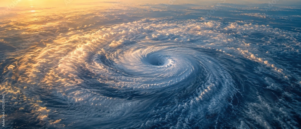 Fototapeta premium Powerful Hurricane Swirling Over Ocean Surface at Sunset from Space.