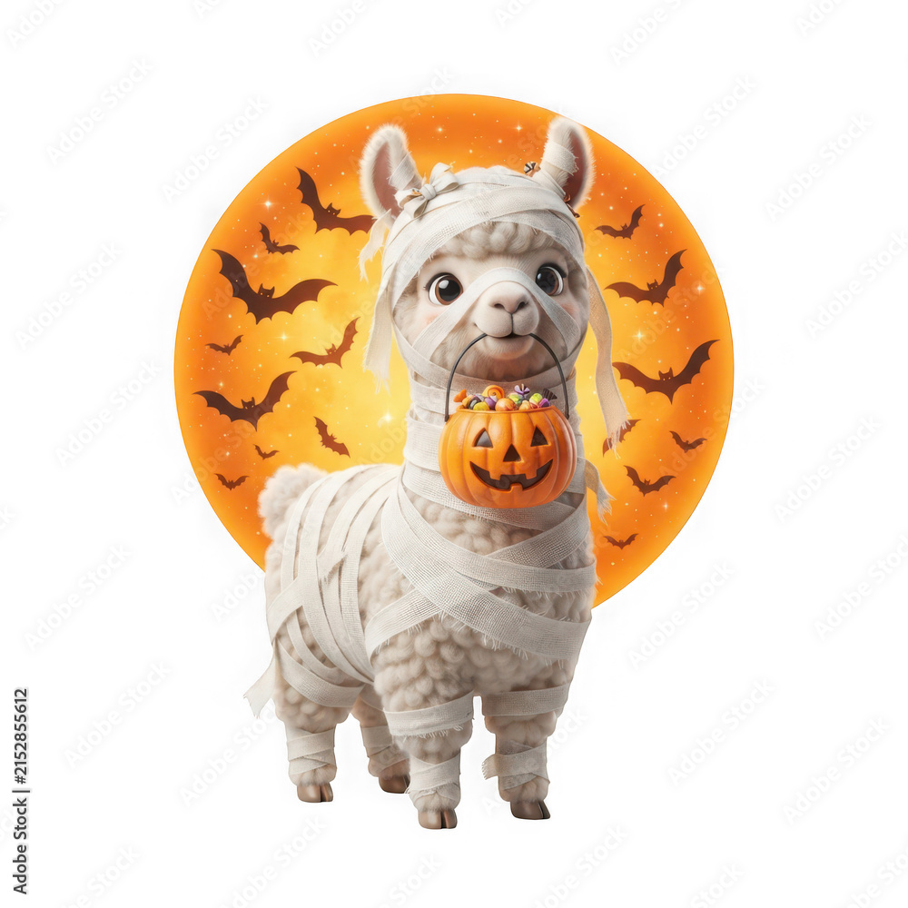 Naklejka premium A cute mummy llama holding a pumpkin candy bucket for halloween isolated on transparent background