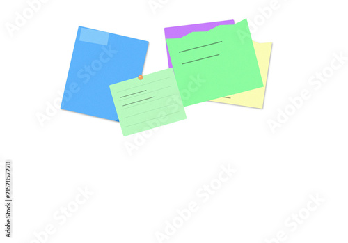 Colorful overlapping paper notes with geometric shapes and text