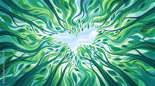 An artistic representation of a white dove emerging from a canopy of green leaves, symbolizing peace and nature