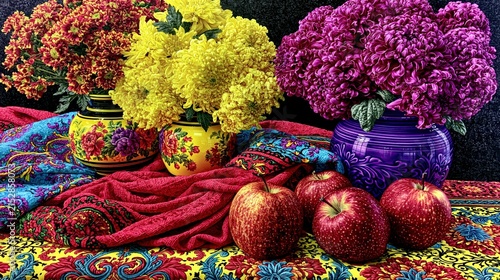 Vibrant floral arrangements and ripe fruits adorn a richly patterned textile.