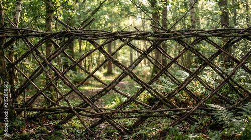 Intertwined branches forming natural fence in a lush forest setting