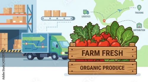 Farm fresh organic produce in a wooden crate with blurred logistics and distribution background.