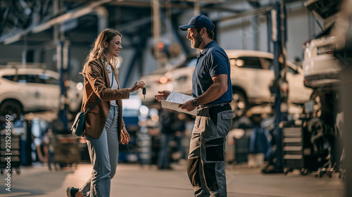 Customer and Mechanic at Auto Repair Shop: A female customer receives her car keys back from a male mechanic in a well-lit auto repair shop, symbolizing service and trust.