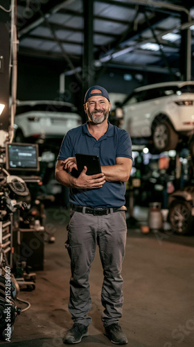 Skilled Mechanic in Workshop: A confident mechanic with a tablet stands in a bustling automotive workshop, surrounded by cars undergoing maintenance, showcasing expertise and dedication to his craft.