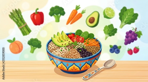 Colorful healthy food bowl with diverse ingredients including quinoa rice vegetables and fruits on wooden table.