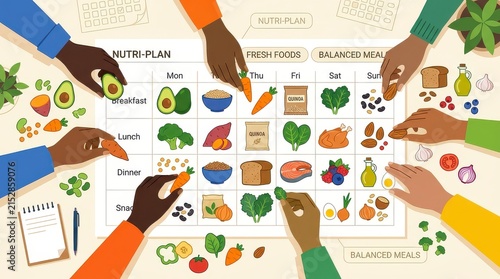 Diverse hands organize a weekly nutri-plan with fresh foods and balanced meals for breakfast, lunch, dinner, and snacks.