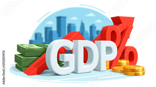 GDP Growth Illustration: A vibrant illustration depicts the concept of Gross Domestic Product growth with a prominent GDP text, rising red arrow, stacks of currency, coins.
