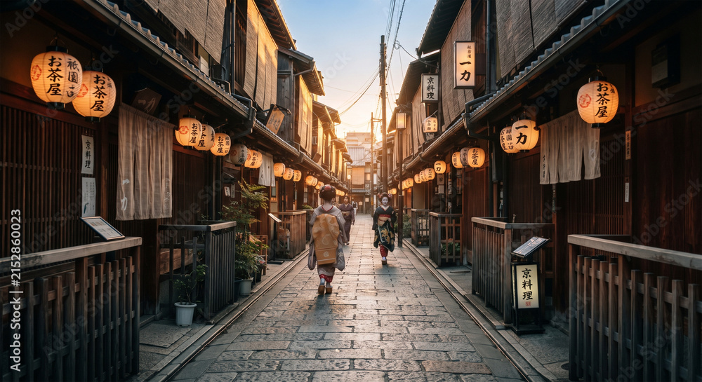 Fototapeta premium An authentic street photography shot of a narrow, historic stone-paved alleyway in Gion, Kyoto, lined with traditional wooden merchant houses (machiya) and glowing paper lanterns. Warm late-afternoon 