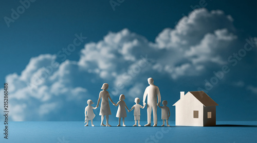 Dream Home Aspiration: A stylized family stands hand-in-hand, with a miniature house beside them against a backdrop of dramatic clouds and a serene blue sky.