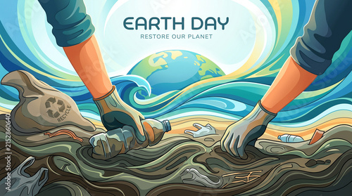 Hands in gloves are cleaning up plastic trash from the dirty water and the beach in honor of Earth Day.