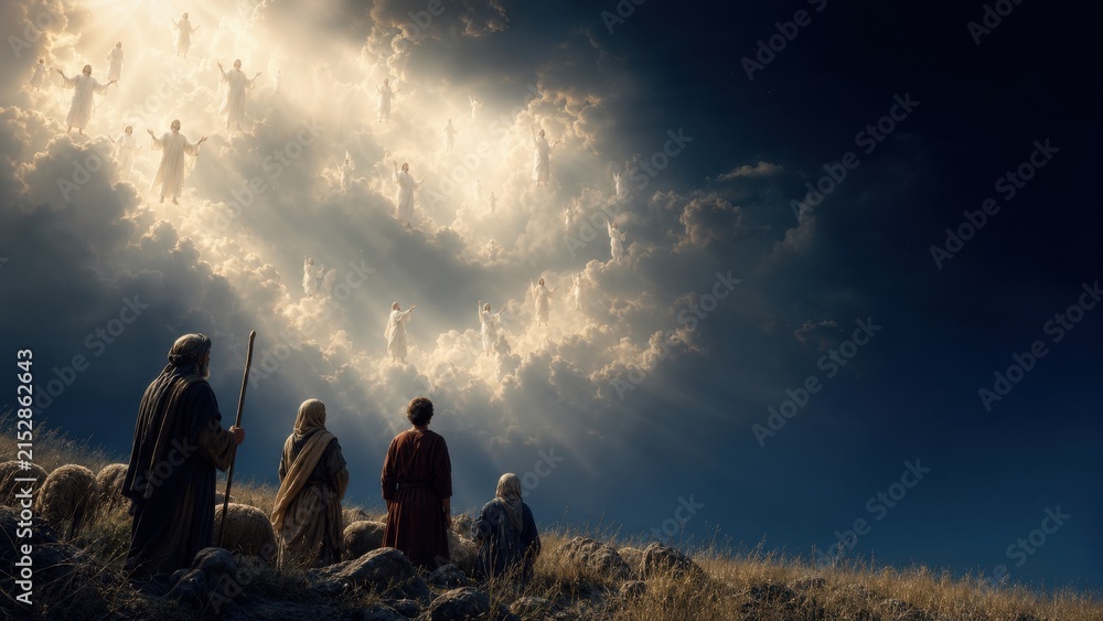 Obraz premium Shepherds watching group of angels appearing in night sky above Bethlehem field. Biblical nativity scene depicting announcement of Jesus birth. Religious faith and Christmas miracle concept.