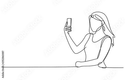 Continuous single line drawing of a young woman taking a selfie with a smartphone Vector, illustration