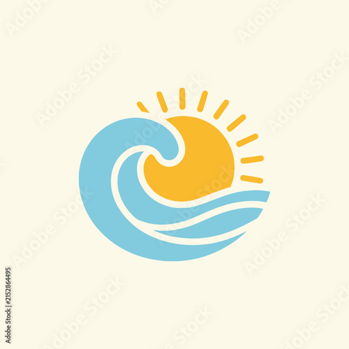 Beach Vacation logo concept sun shines warmly over gentle ocean waves