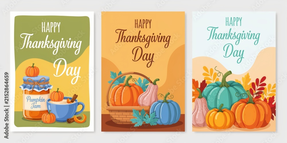Fototapeta premium Set of thanksgiving day greeting cards with pumpkins