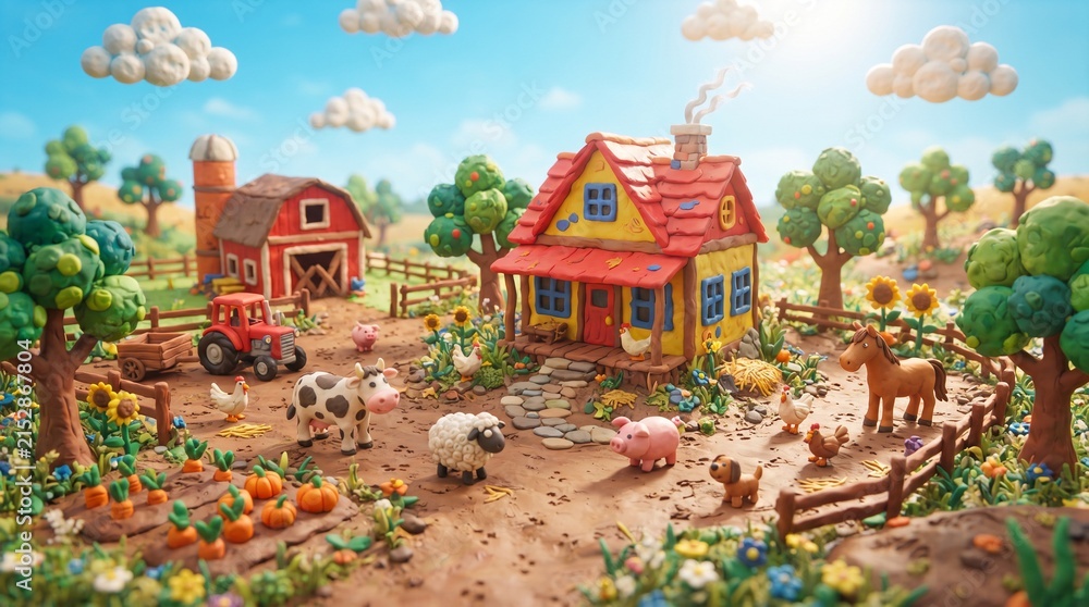 Fototapeta premium Claymation farm scene features a cozy farmhouse, red barn, tractor, and cute animals under a bright blue sky.