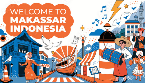 Welcome to Makassar Indonesia Cityscape with Traditional Culture and Landmarks Illustration