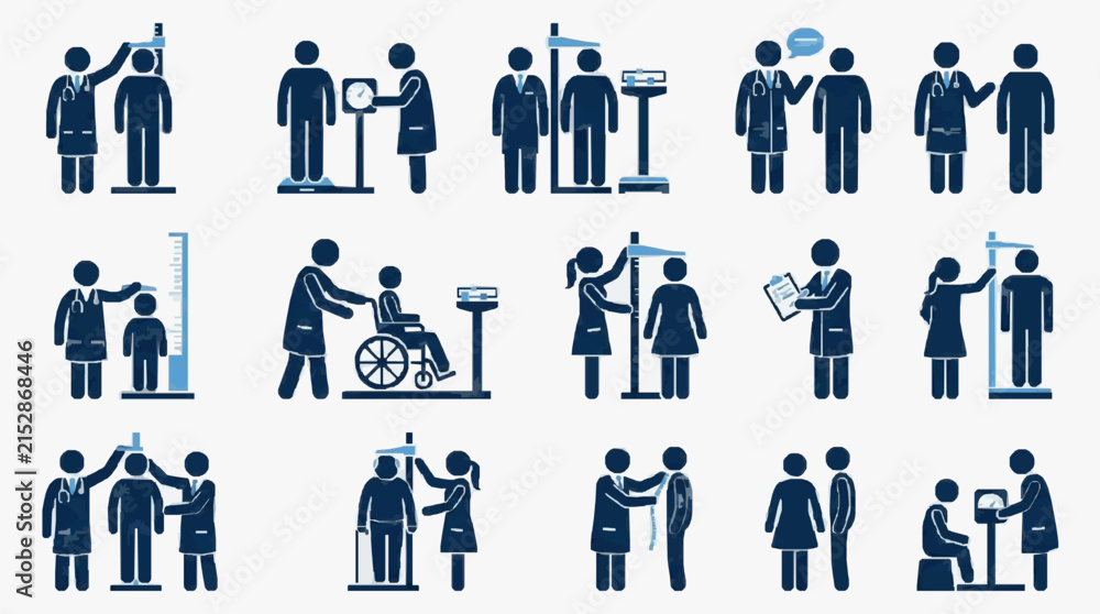 Fototapeta premium Minimalist Blue and Black Icons Showing Various Medical Check Up and Patient Interaction Scenarios