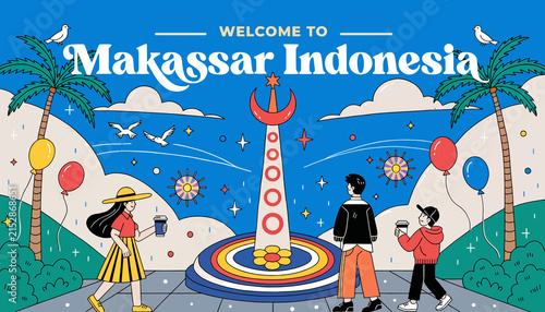Welcome to Makassar Indonesia Illustration - City Landmark, Palm Trees, Balloons, People