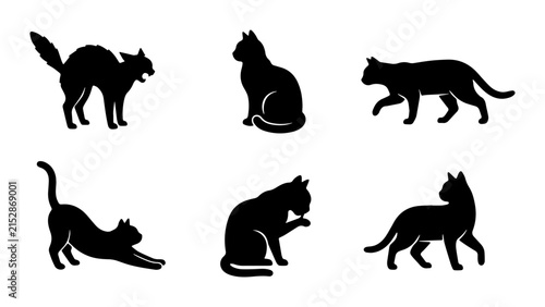 Black cat silhouette set, 6 feline animal icons. Domestic cat poses, pet vector illustrations.