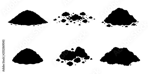 Bild auf Leinwand Black soil pile silhouettes, 6 dirt mound vector icons, organic earth heaps for