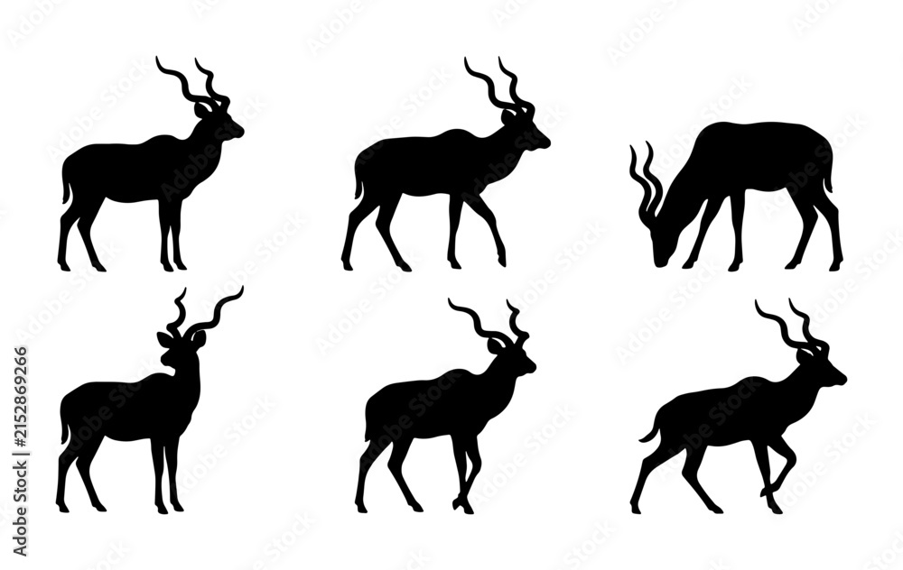 Fototapeta premium Kudu antelope silhouette set, African wildlife vector icons, black gazelle and impala animal shapes, 6 wild buck elements