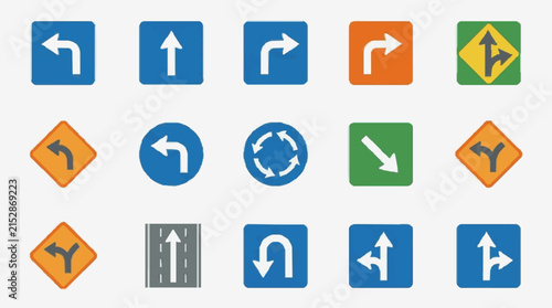 Minimalist Collection of 15 Colorful Road Direction and Traffic Sign Icons for UI UX Design with high quality professional line art symbols for modern creative design and digital branding projects