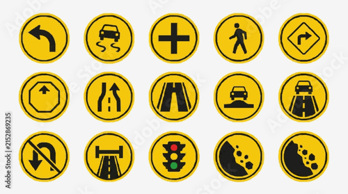 Minimalist Collection of 15 Bright Yellow Circular Road and Traffic Sign Icons with Black Symbols