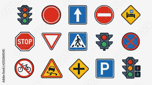 Minimalist Collection of 15 Colorful Road Signs and Traffic Lights for Designers and Developers