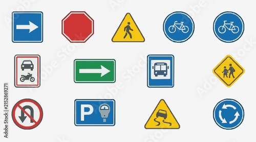 Minimalist Collection of 15 Colorful Road Signs with Icons for Vehicles Pedestrians Parking and Directions