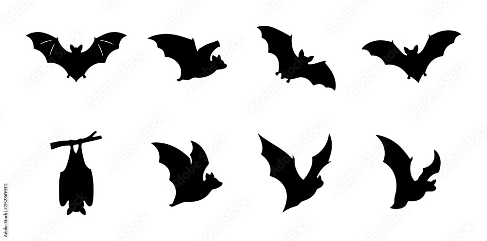 Fototapeta premium Black bat silhouettes set, 8 flying and hanging bat icons. Spooky Halloween animal vector elements for gothic design and party decor.