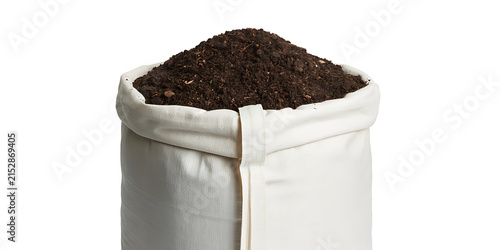 Bag of dark rich soil compost with a white fabric drawstring bag on a white background