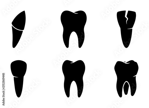 фотографія Dental tooth icons set, black silhouette human teeth collection, 6 vector tooth