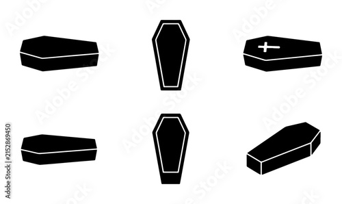 Black coffin icon set with 6 vector elements. Funeral casket silhouettes for burial services. Gothic death symbols for Halloween and mourning.