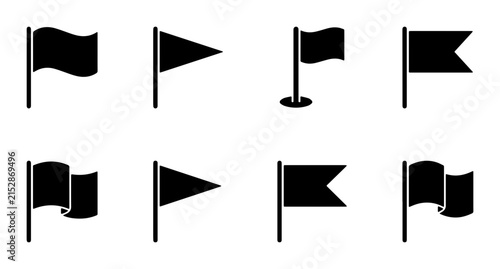 Black flag icon set, 8 minimalist map marker symbols, flat vector pennant and banner silhouettes for navigation and location tracking