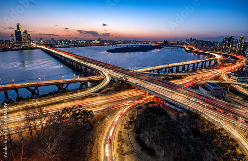 traffic on the bridge at night, Seoul, South Korea.