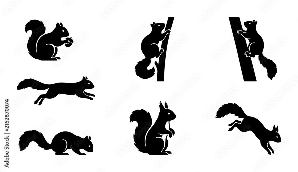 Fototapeta premium Black squirrel silhouette set, 6 animal vector icons, minimalist wildlife graphics for nature branding and outdoor logos