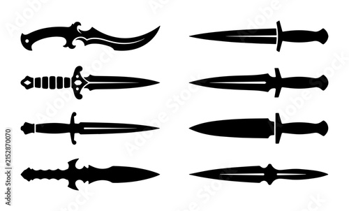 Картината върху платно Tactical dagger silhouettes, set of 8 combat knife vector icons, medieval and mo