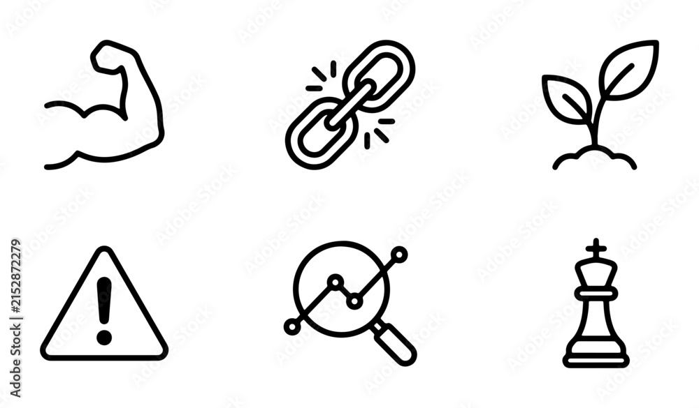 Obraz premium 80 Business Growth Icons: Strength, Connection, Seedling, Warning, Analytics, Chess Strategy, Vector Set 100