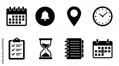 80 Set of 8 Black and White Icons: Calendar, Notification Bell, Location Pin, Clock, Checklist, Hourglass, Notebook, and Calendar Grid for Planning and Scheduling 100